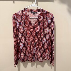 Zac & Rachel Petite Women's Red Blue Abstract V Neck Long Sleeve Blouse‎ Top PM